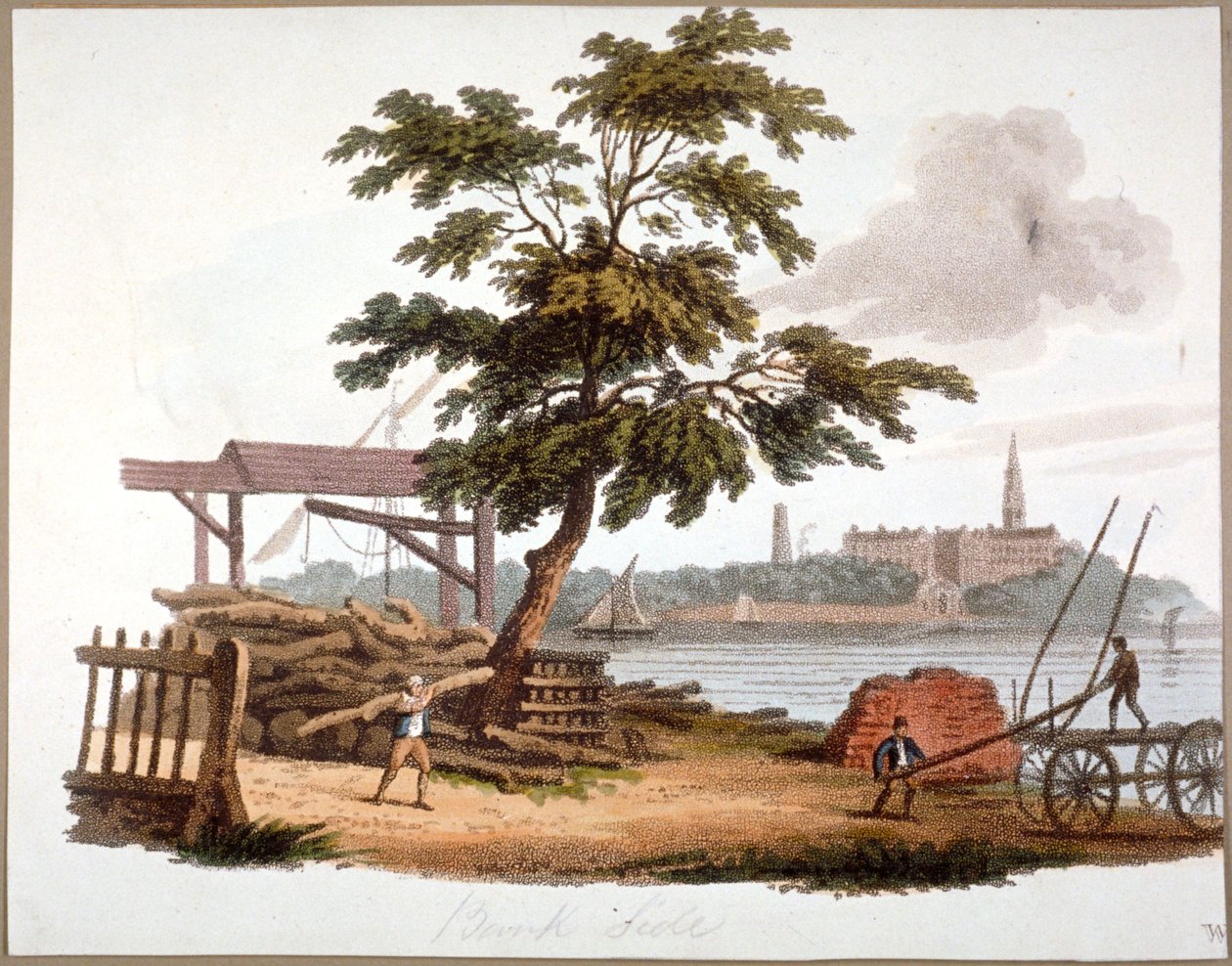 Hombres moviendo madera en Bankside, Southwark, Londres, c1810 de William Pickett