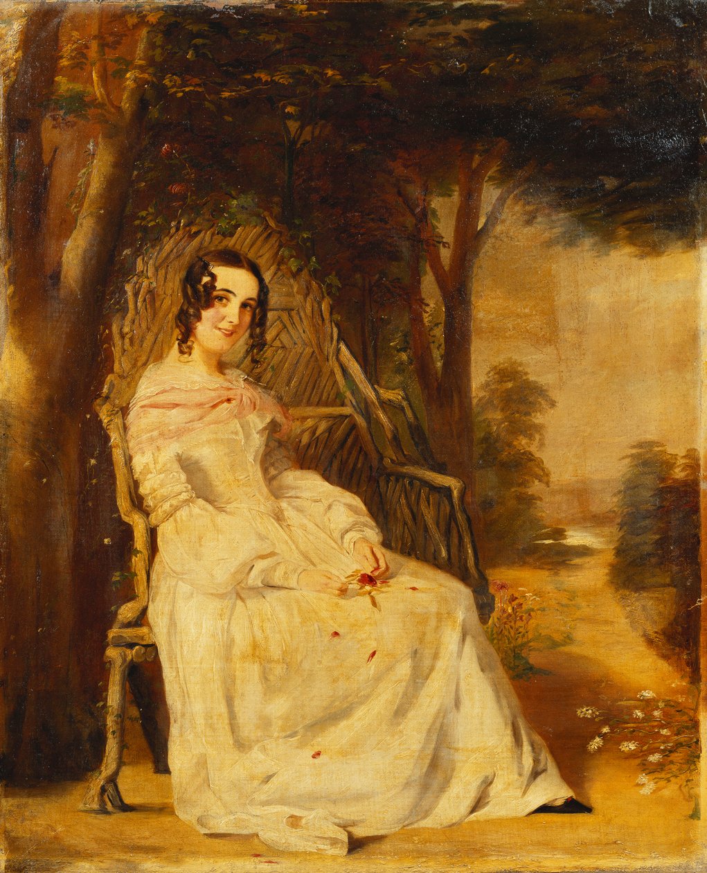 Retrato de Mary Freer sentada, pequeña longitud completa en un asiento de jardín de William Powell Frith