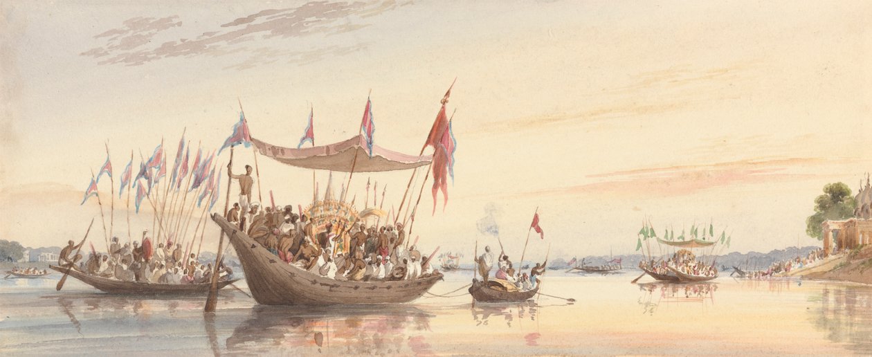 Isherah - Procesión acuática de la imagen de Doorga previa a su inmersión al atardecer de William Prinsep