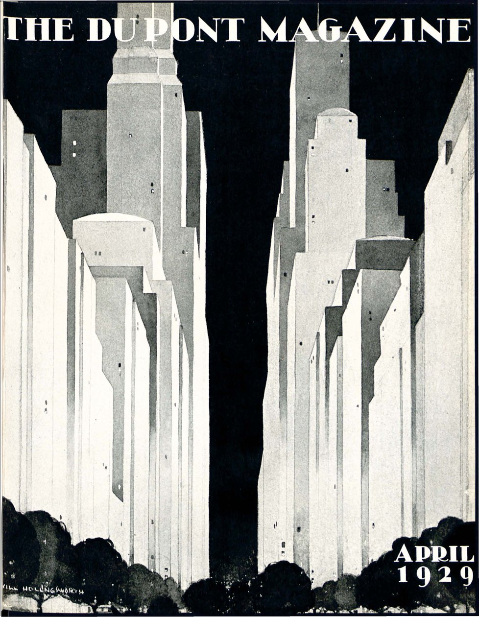 Rascacielos, portada de la revista DuPont, abril de 1929 de William R. Jr. Hollingsworth