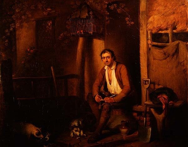 Exterior de cabaña con trabajador sentado de William Redmore Bigg