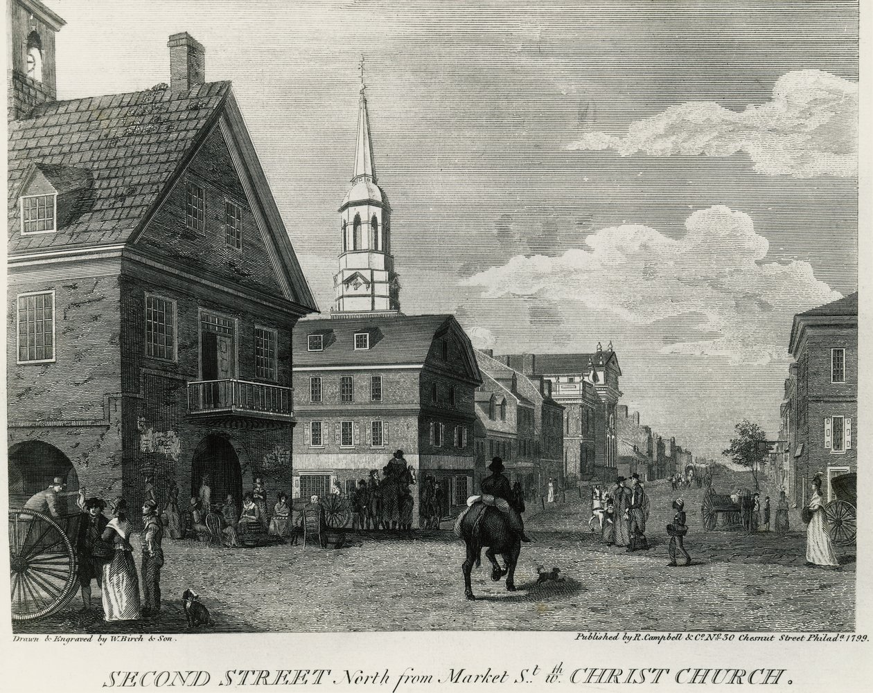 Segunda Calle Norte desde Market Street y Christ Church, Filadelfia, dibujo de William Russell Birch (1755-1834), impreso por R Campbell, Estados Unidos de América de William Russell Birch