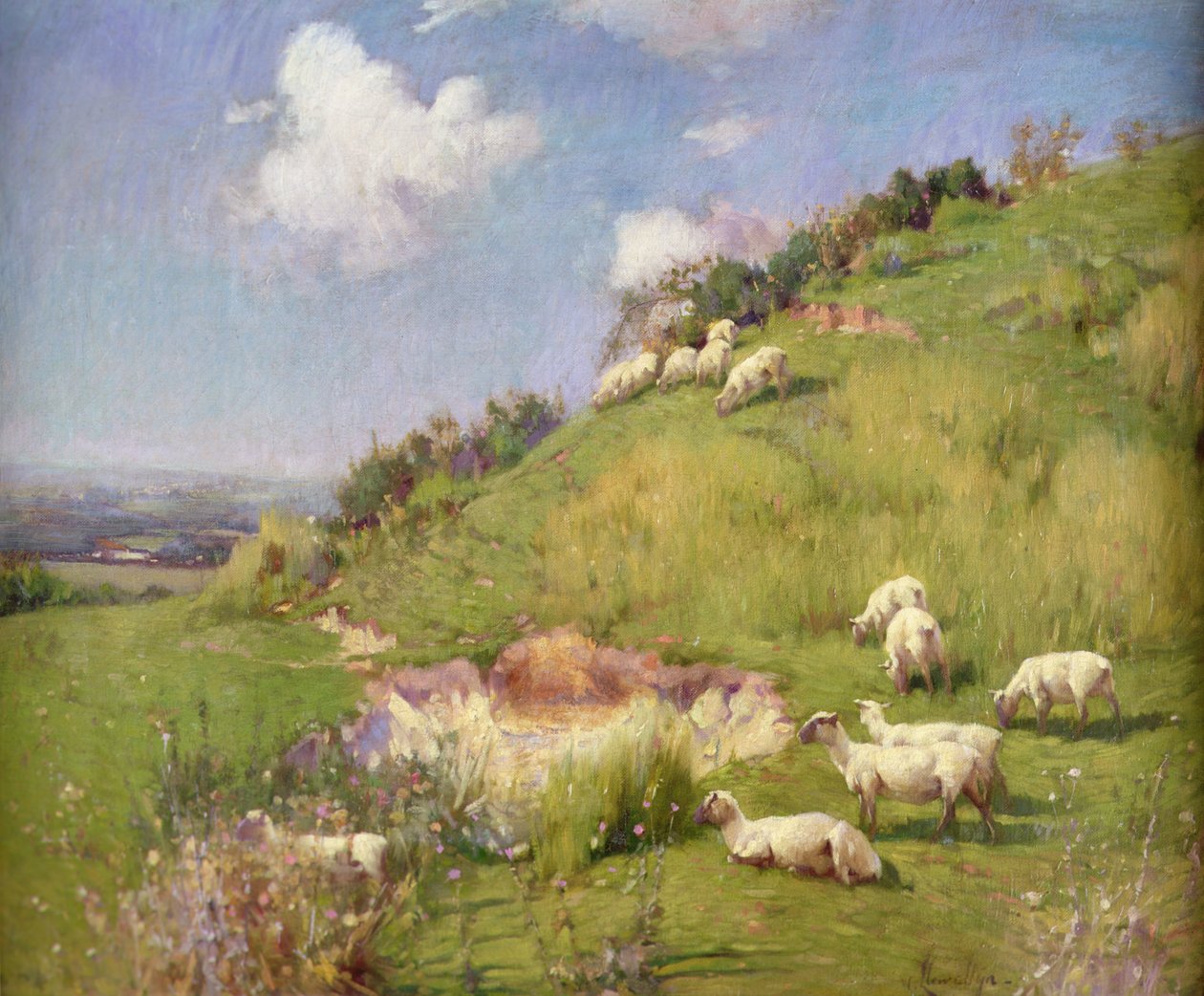 Ovejas en la ladera de una colina (óleo sobre lienzo) de William Samuel Henry Llewellyn