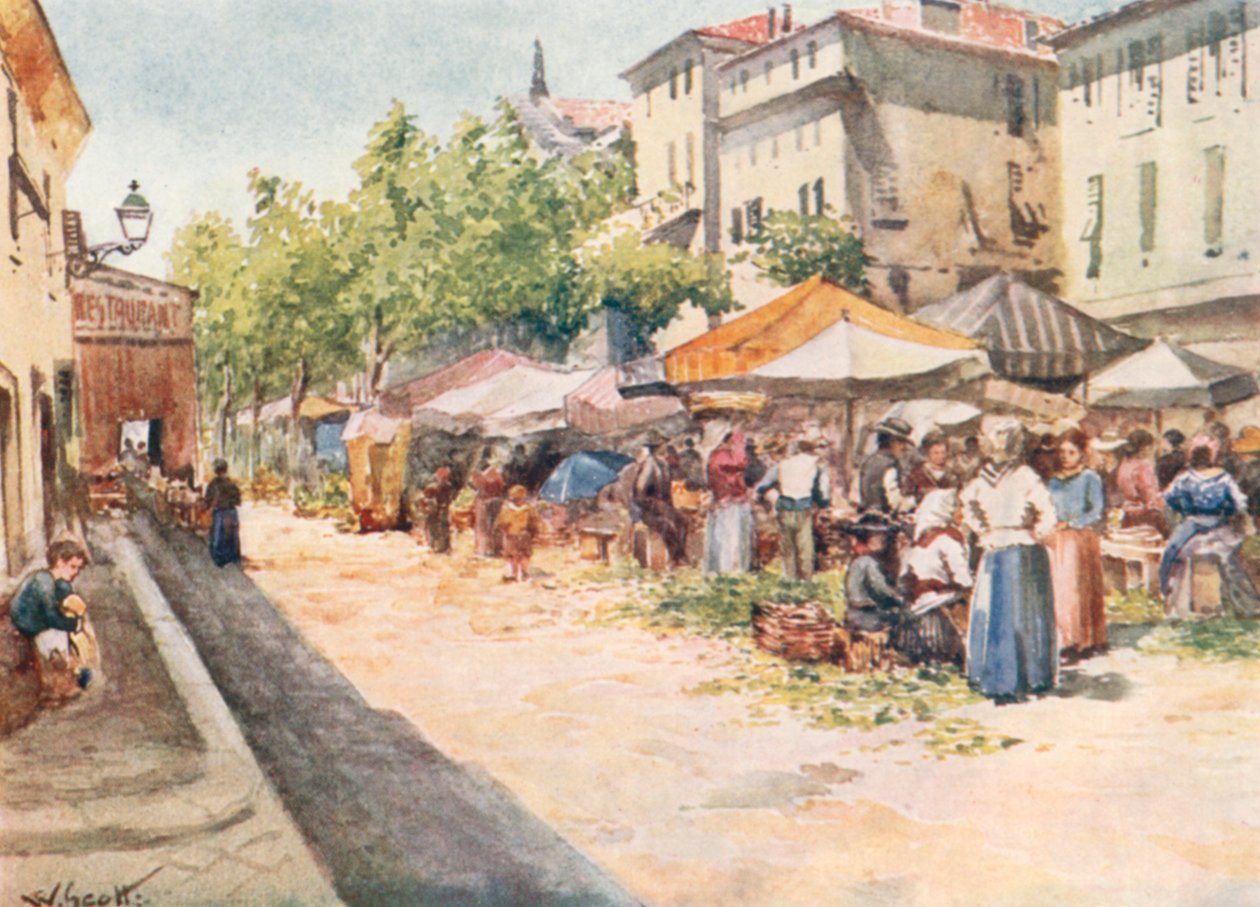El mercado de verduras, Niza, mirando al oeste (litografía en color) de William Scott