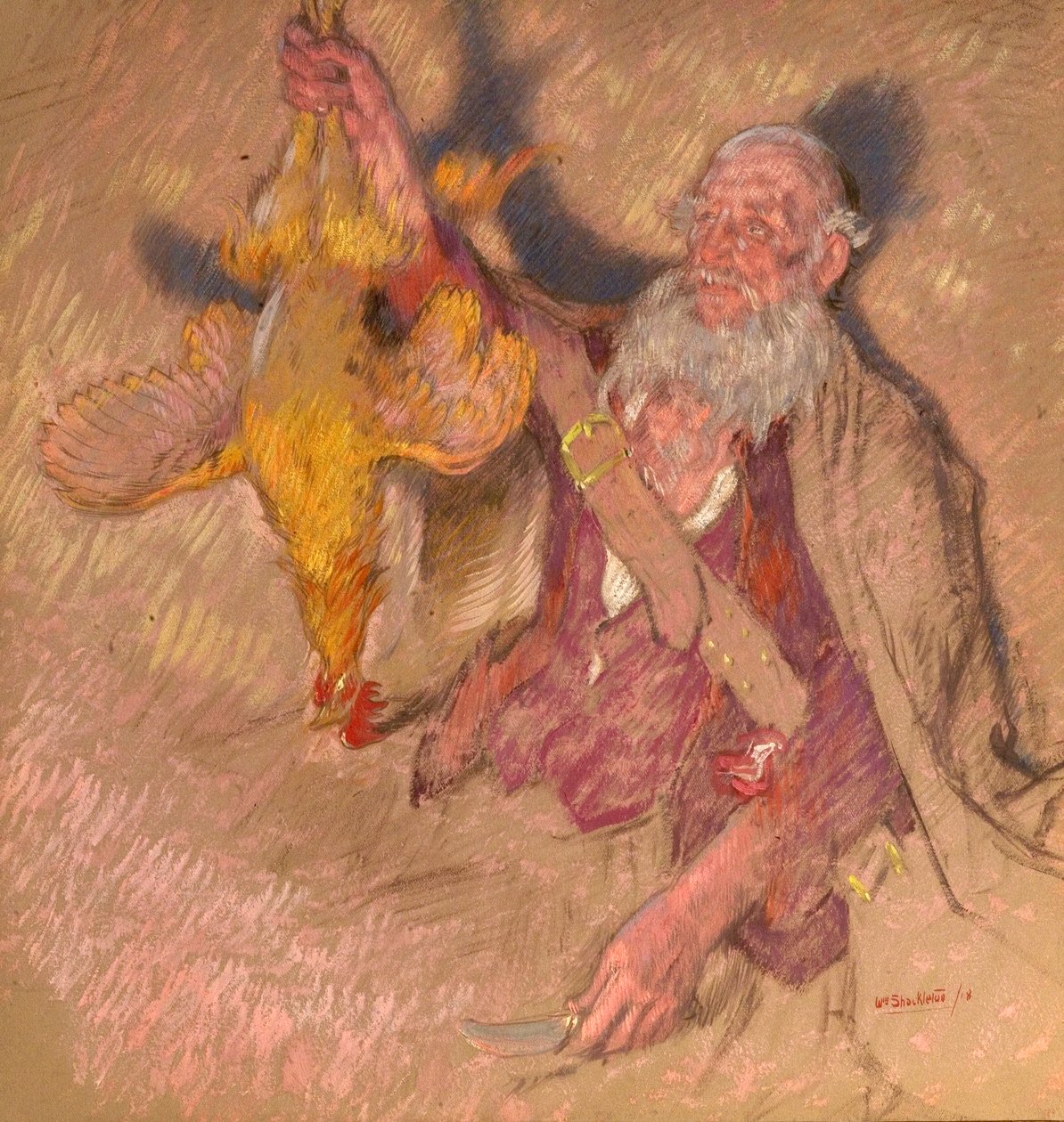 Estudio de un hombre sosteniendo un gallo para Highland Raiders, 1918 de William Shackleton
