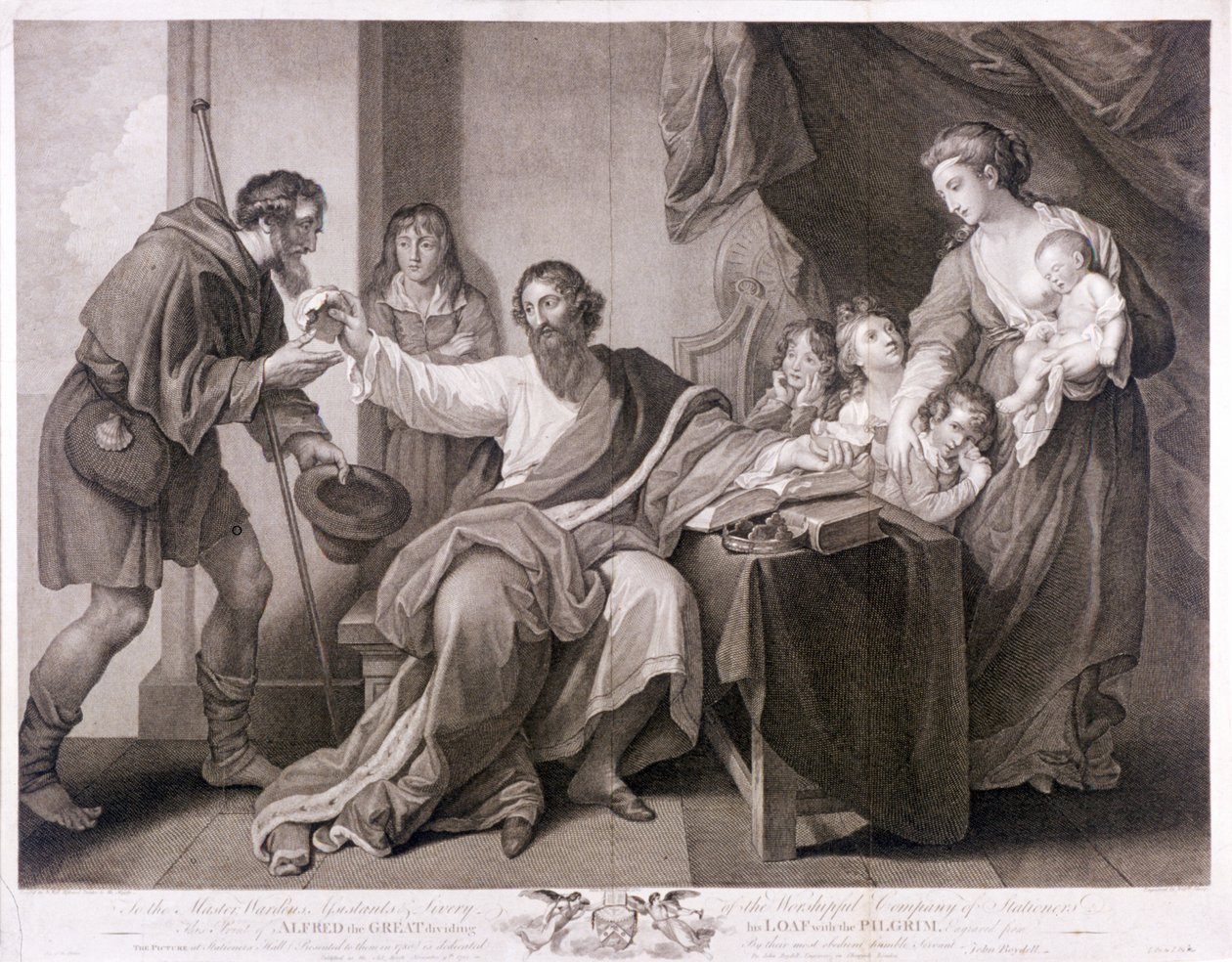 Alfredo el Grande dividiendo su pan con el peregrino, 1782 de William Sharpe