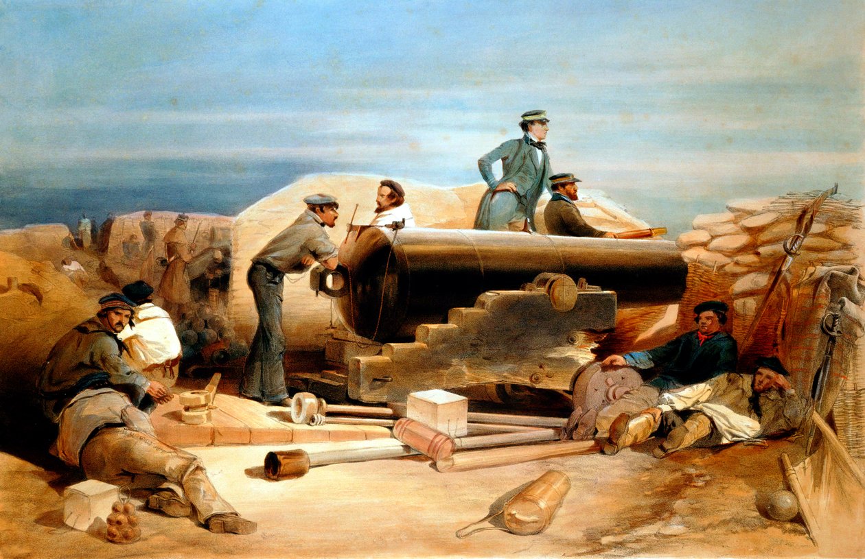 Un día tranquilo en la batería de diamantes - retrato de un Lancaster de 68 libras, Guerra de Crimea 1855-1856 de William Simpson