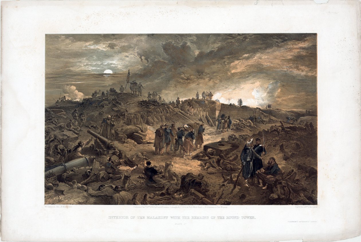 Guerra de Crimea (1853-1856): episodio del sitio de Sebastopol (Ucrania), tropas francesas entre las ruinas tras la toma de Malakoff el 8 de septiembre de 1855 - Litografía de William Simpson (18 de William Simpson