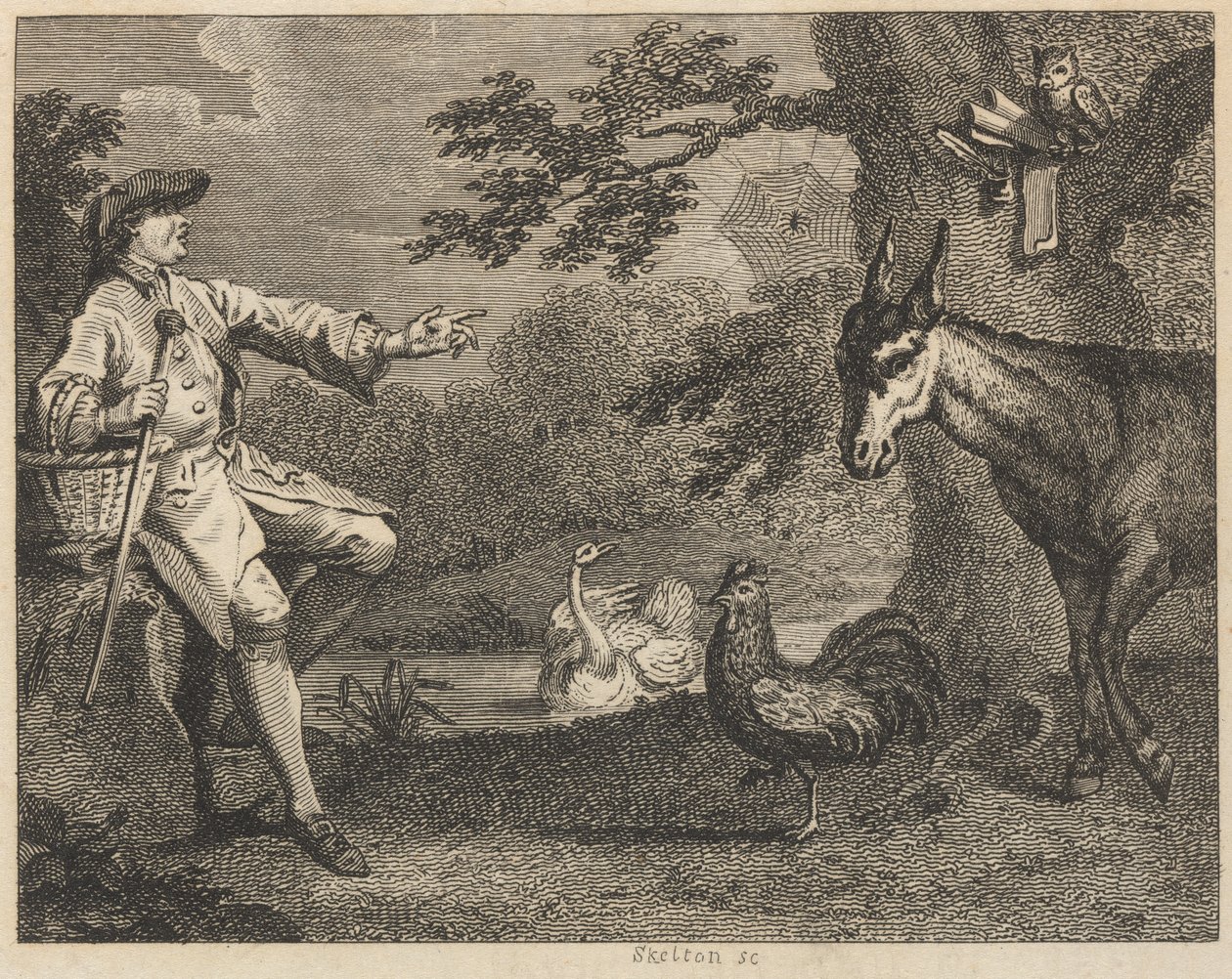 El búho, el cisne, el gallo, la araña, el asno y el granjero de William Skelton