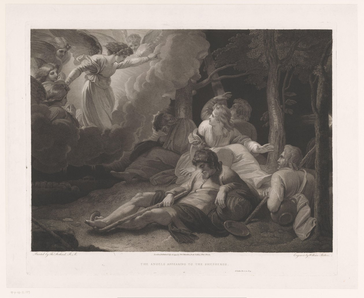 Verkondiging aan de pastores Los ángeles apareciendo a los pastores (título sobre el objeto) de William Skelton