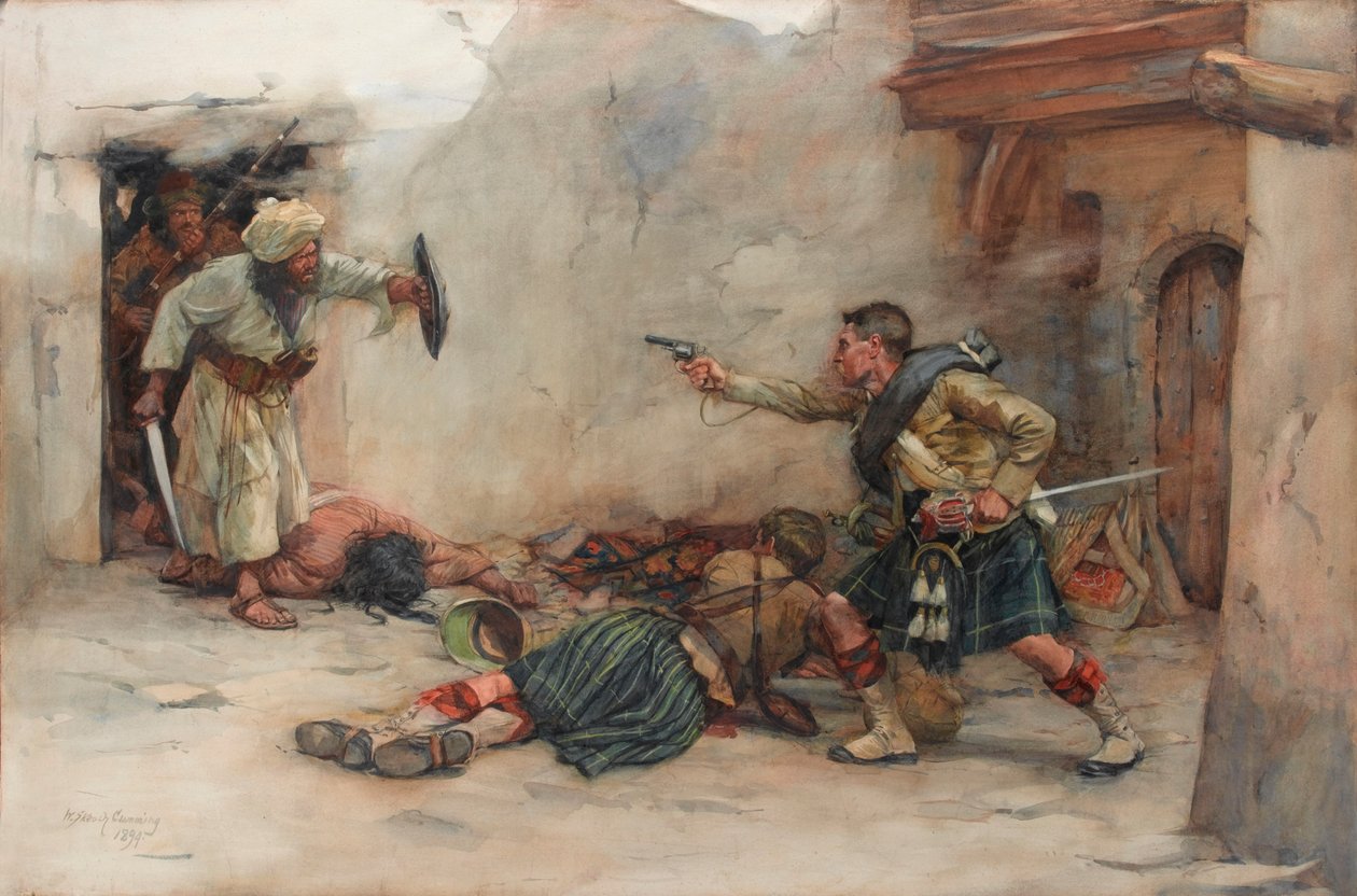 El baterista James Roddick, del 92º de los Gordon Highlanders, defendiendo al teniente Menzies durante la lucha cuerpo a cuerpo en Kandahar de William Skeoch Cumming