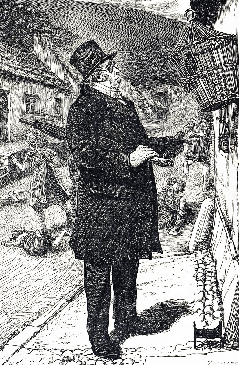 Caricatura que representa a un hombre con sombrero de copa indignado por un estornino mascota que perturba el Sabbath haciendo reír y gritar a los niños con su lenguaje de William Small