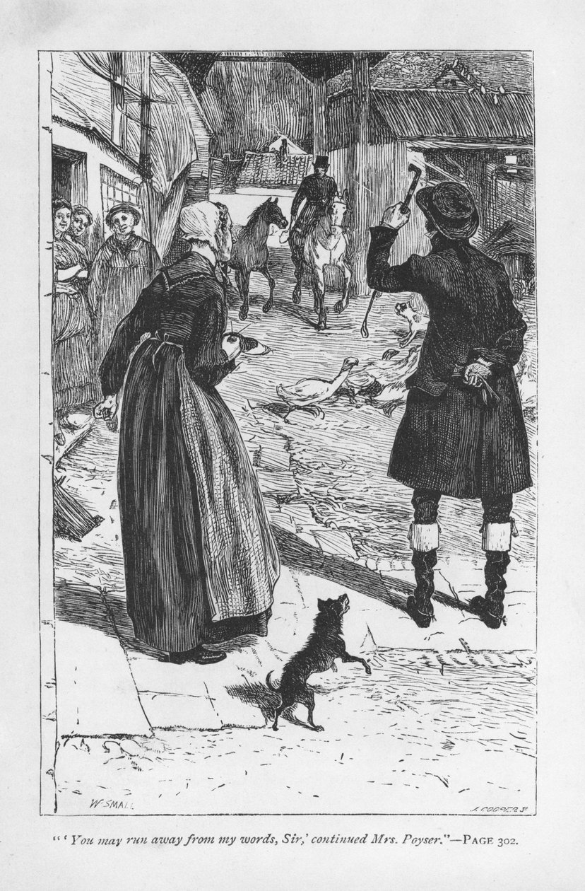 Sra. Poyser, esposa del tío granjero de Hetty Sorrel, Martin Poyser, con el Squire Donnithorne, cuyo hijo Arthur sedujo a Hetty. La Sra. Poyser es posiblemente el personaje cómico más exitoso de George Eliot. Adam Bede de George Eliot, publicado por primer de William Small