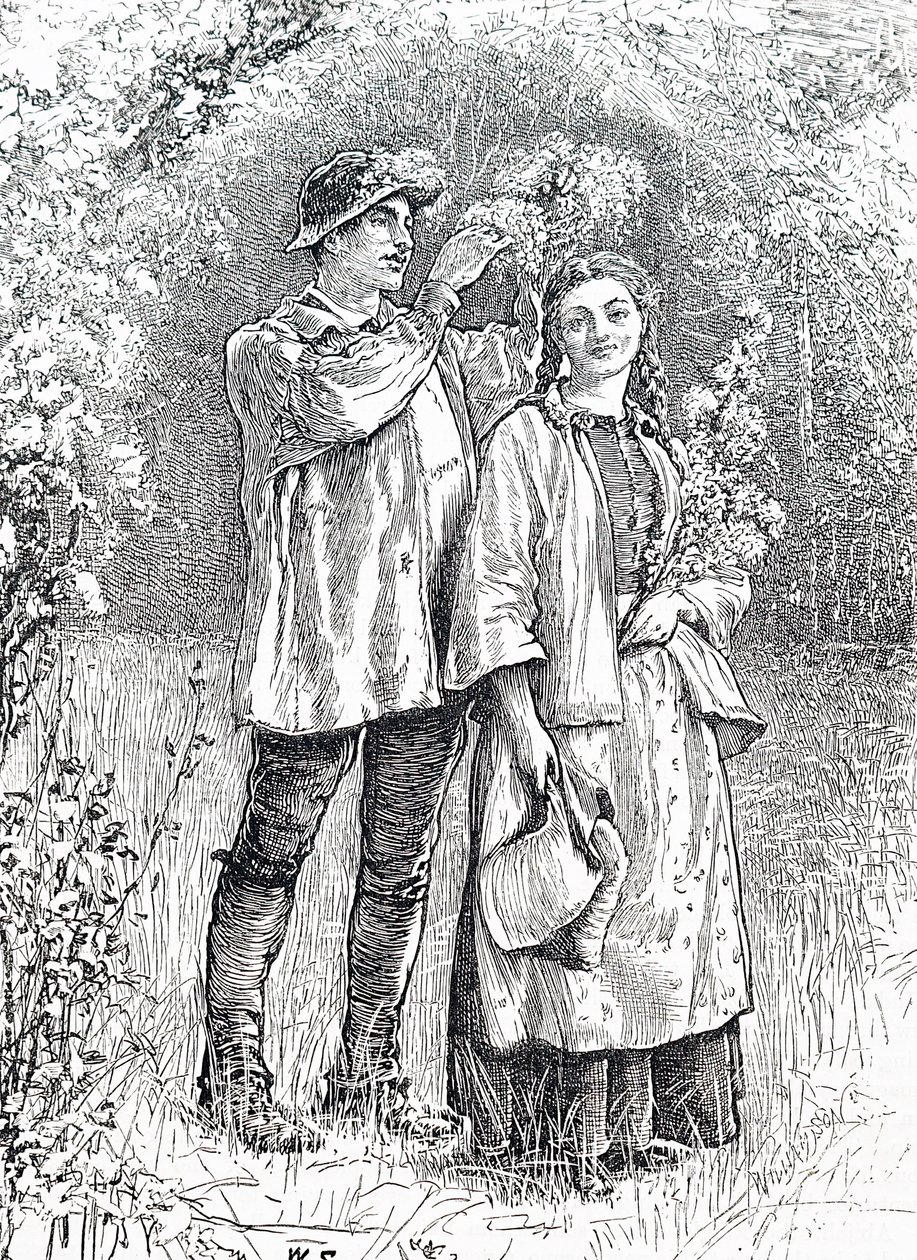 La coronación de la Reina de Mayo con una corona de espino por su enamorado. Por William Small (1843-1929) un ilustrador inglés de William Small