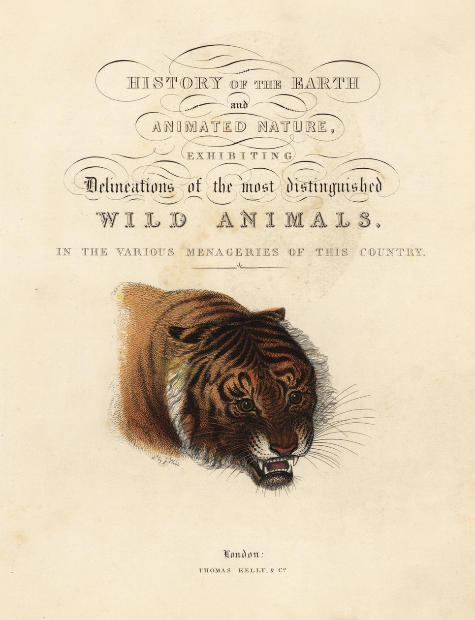 Página de título caligráfico con viñeta de tigre de William Smellie