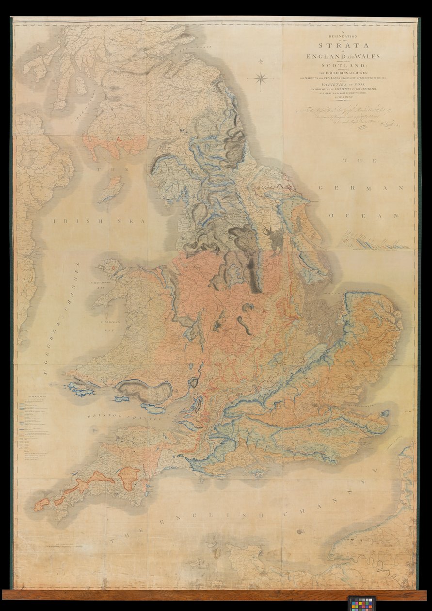 Delineación de los estratos de Inglaterra y Gales, con parte de Escocia, en la que se muestran las minas y minas de carbón, las marismas y terrenos pantanosos originalmente inundados por el mar y las variedades de suelo según las variaciones de los sustrat de William Smith