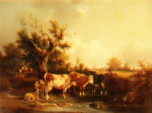 Un paisaje boscoso con ganado junto a un arroyo de William Snr. Shayer