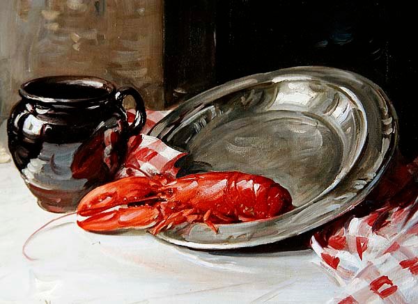 Naturaleza muerta - Langosta en una bandeja (óleo sobre lienzo) de William Somerville Shanks