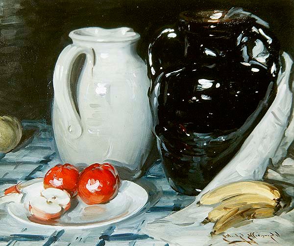 Naturaleza muerta con manzanas y plátanos, y una gran jarra y un jarrón (óleo sobre tabla) de William Somerville Shanks