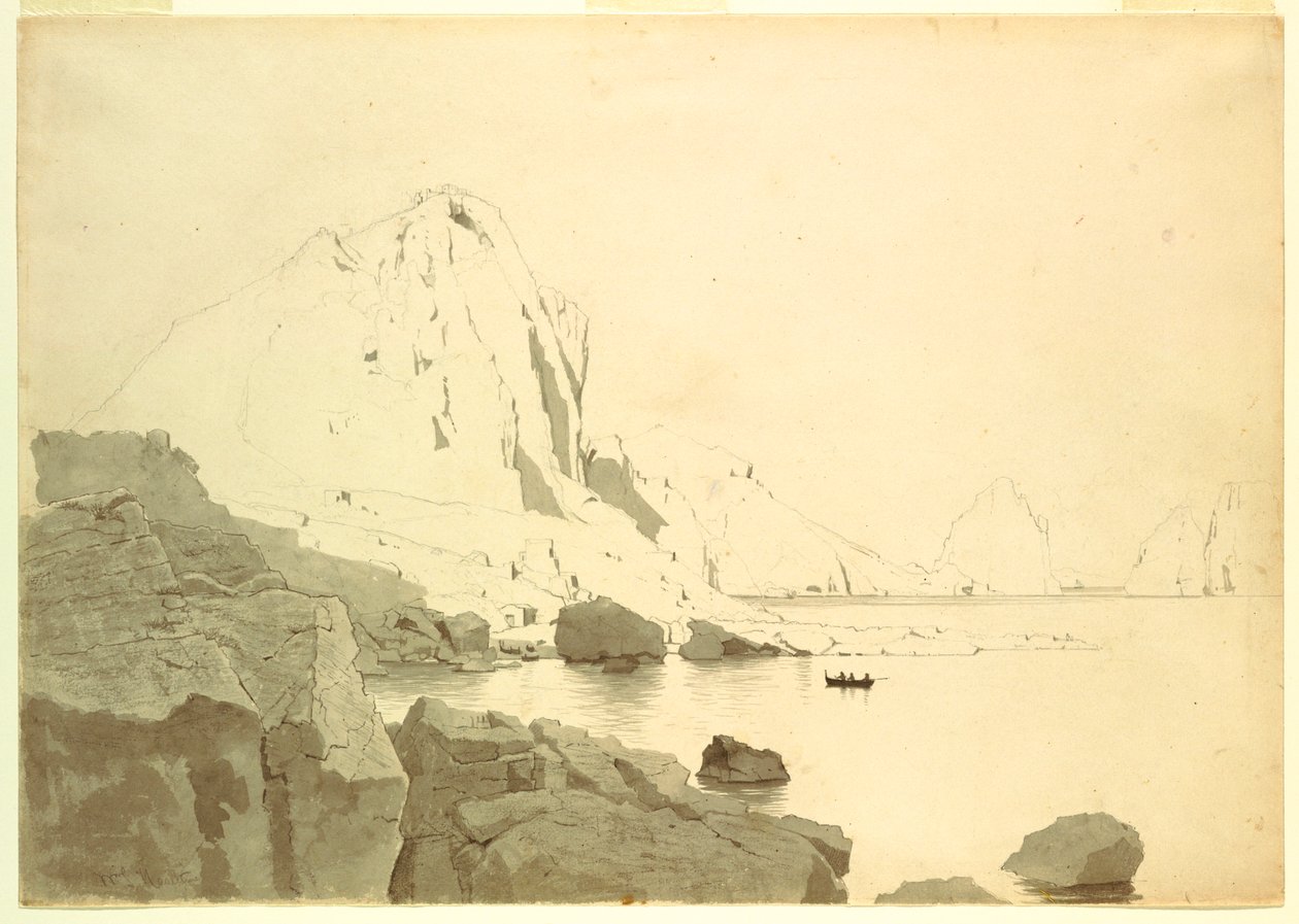 Dibujo, Vista de Capri, Italia, mostrando la costa sur y el Faraglione, ca. 1865 de William Stanley Haseltine
