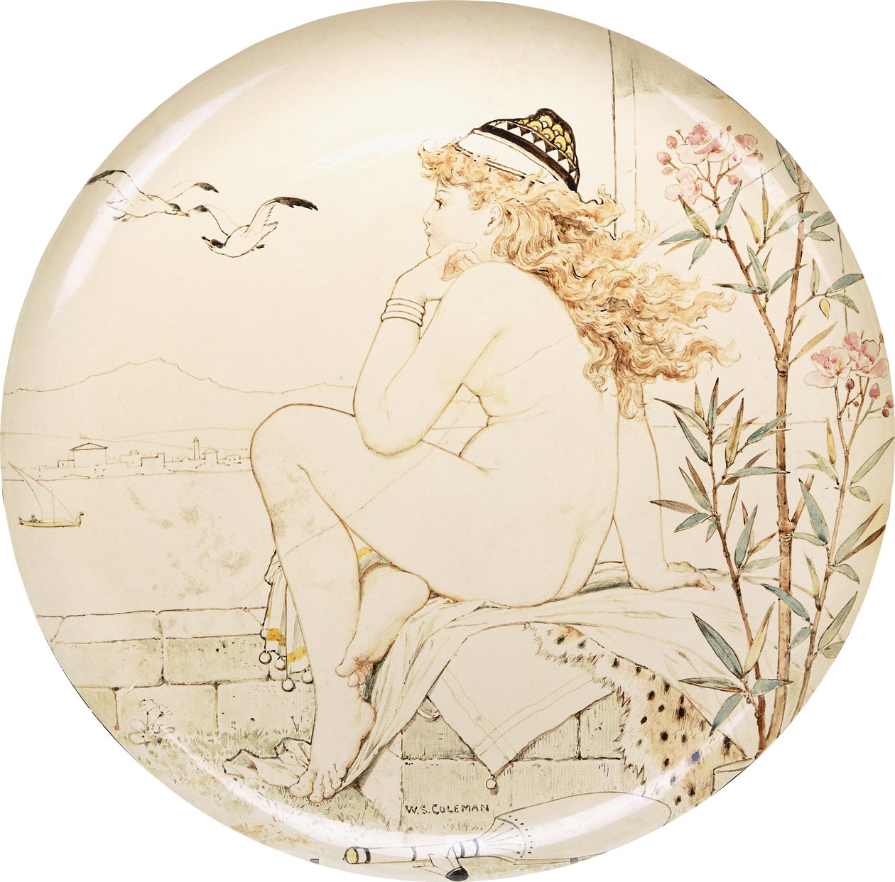 Un plato del estudio de cerámica artística de Minton, pintado con un desnudo mirando al mar, siglo XIX de William Stephen Coleman