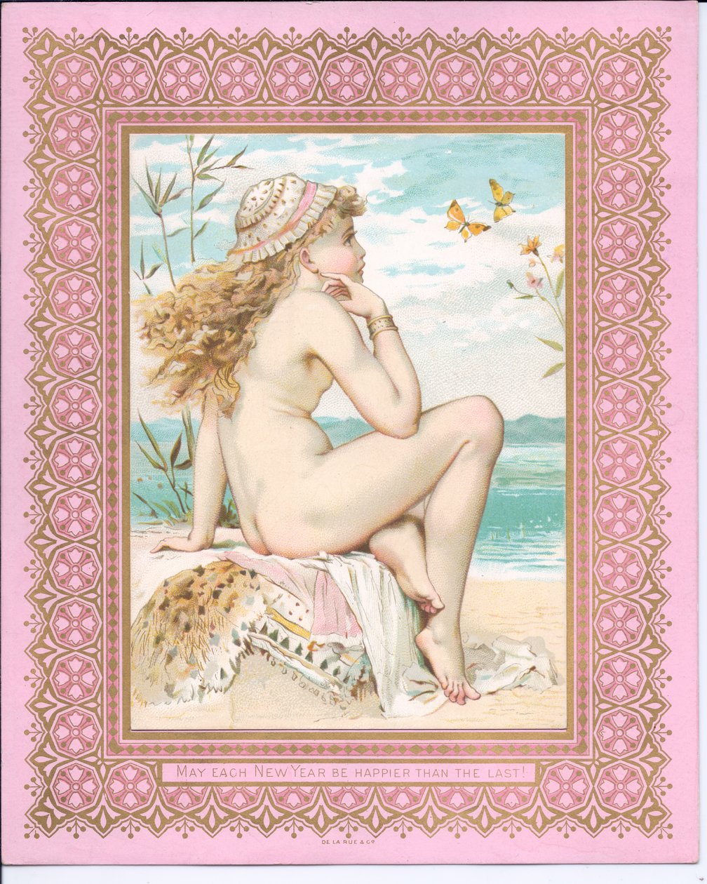 Tarjeta de Año Nuevo victoriana de una belleza bañista en una playa, c.1881 de William Stephen Coleman