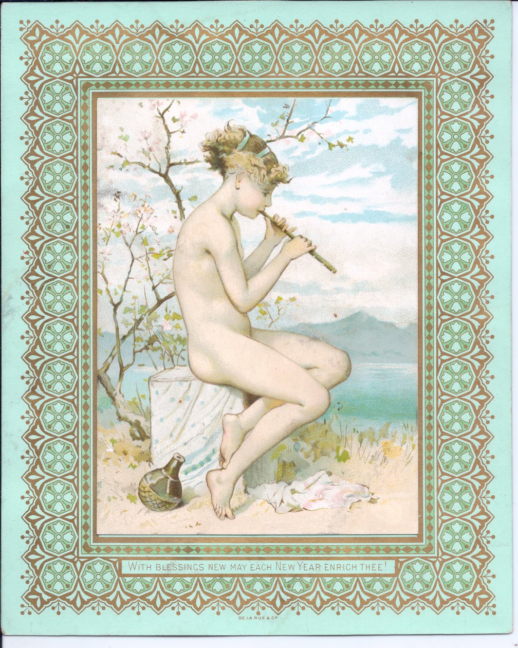 Tarjeta de Año Nuevo victoriana de una belleza bañista en una playa tocando una flauta, c.1881 de William Stephen Coleman