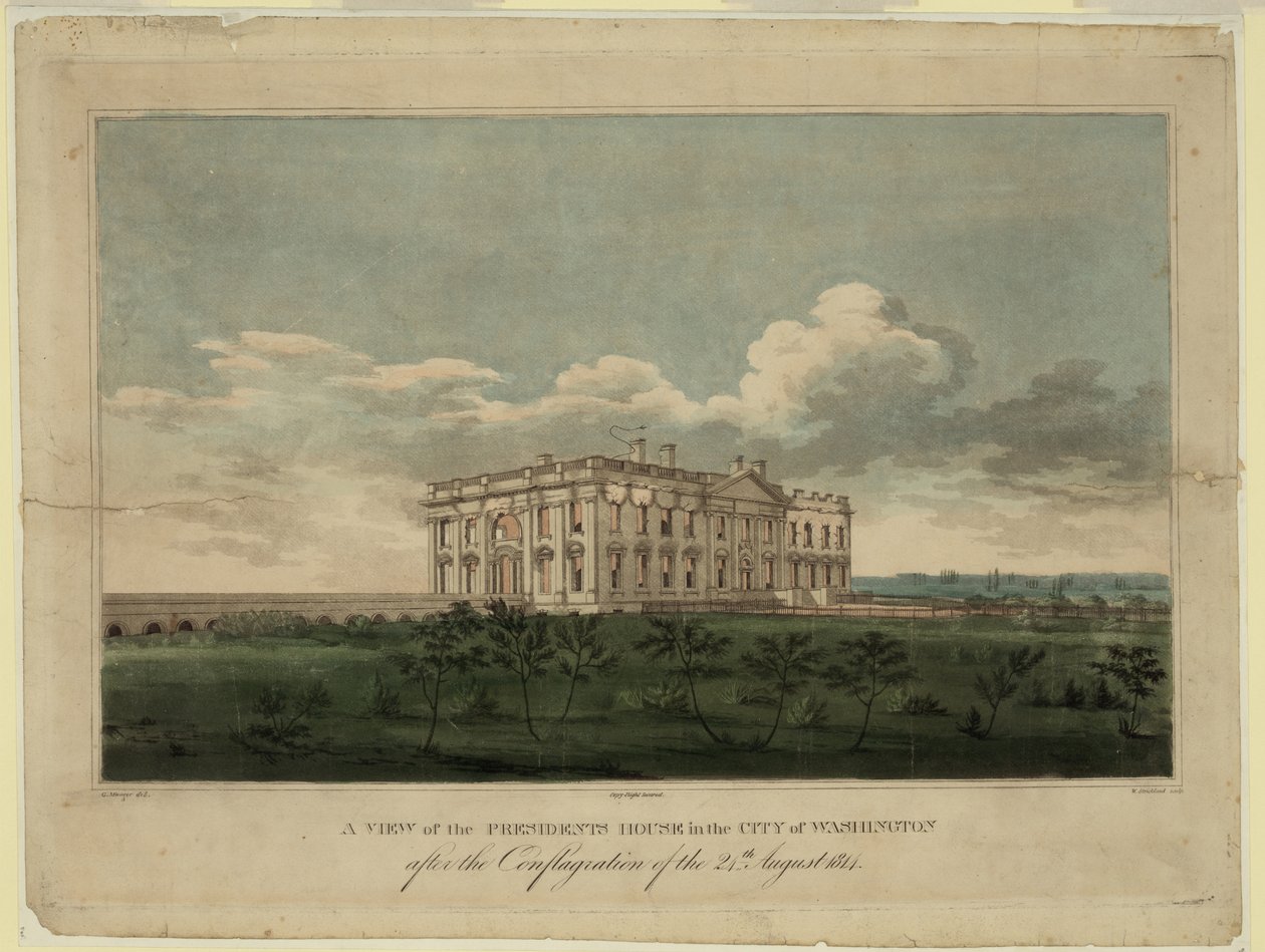 Vista de la Casa Blanca en la ciudad de Washington después del incendio del 24 de agosto de 1814 de William Strickland
