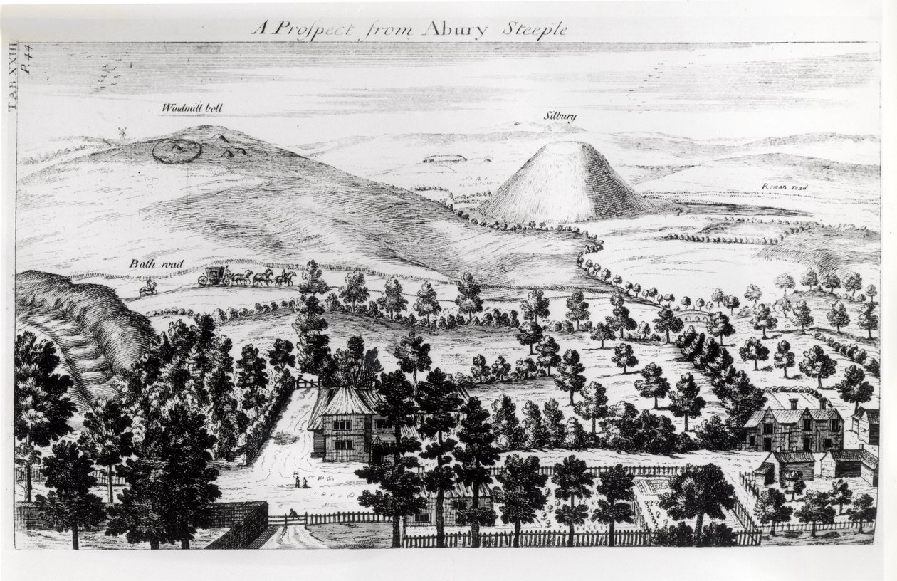 Vista desde el campanario de Avebury de la colina de Silbury, ilustración de 