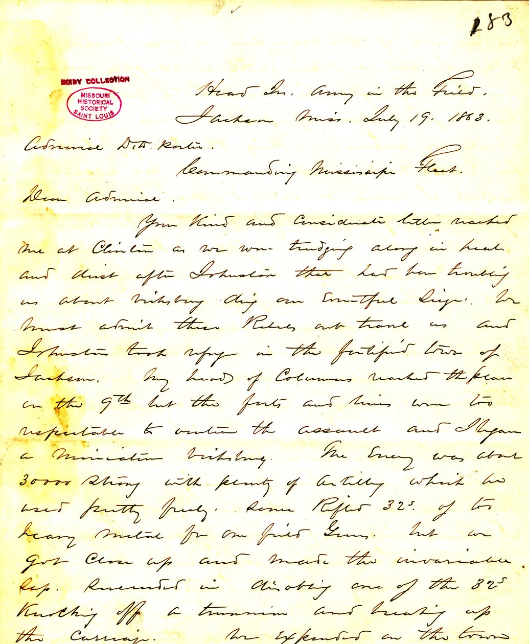 Carta de W. T. Sherman, cuartel general, Ejército en el Campo, Jackson, Mississippi, a [David D.] Porter, 19 de julio de 1863 de William T. Sherman