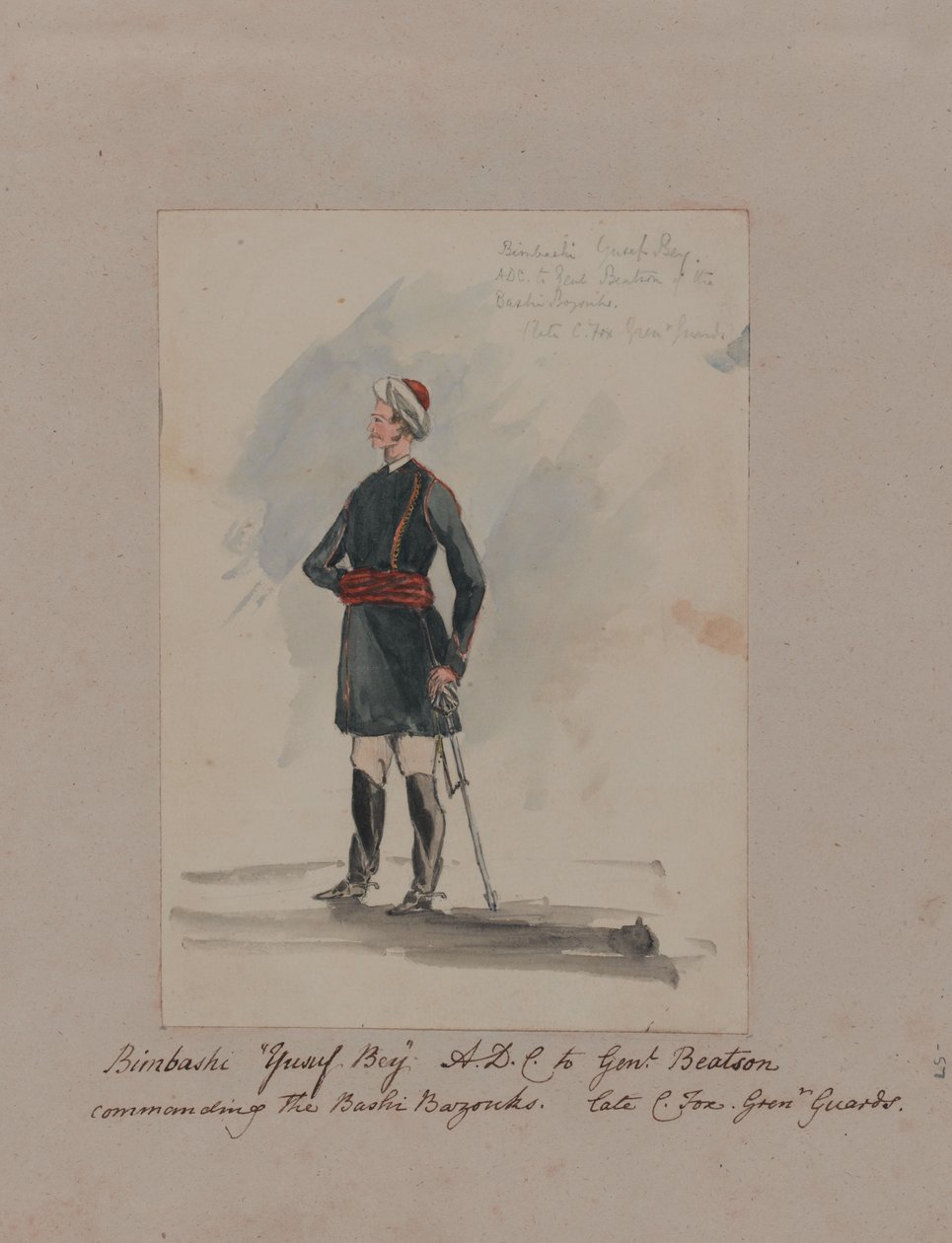 Bimbashi Yusuf Bey A.D.C. al General Beatson comandando los Bashi Bazouks. Tarde C. Fox. Guardias Grenr (acuarela) de William Thomas Markham