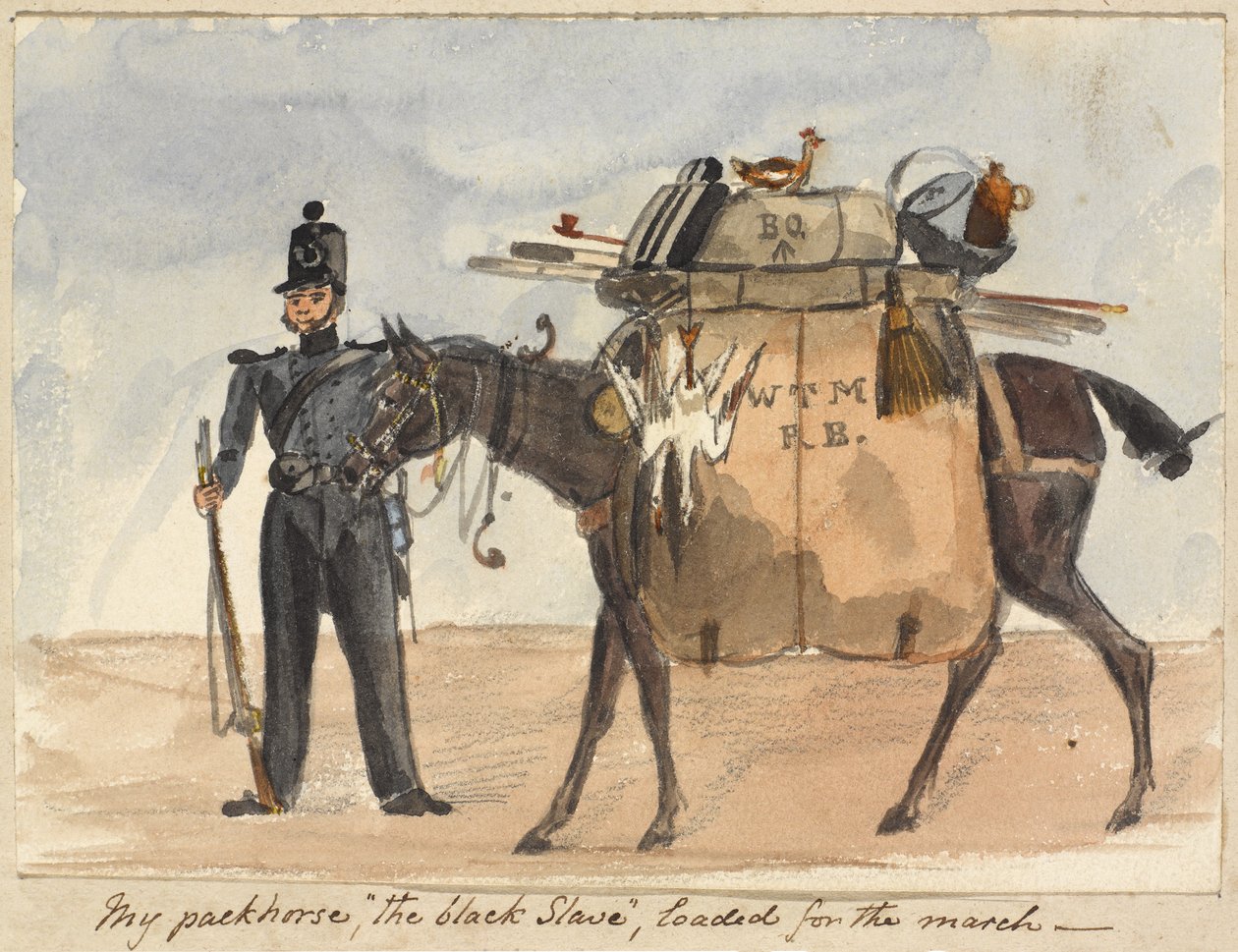 Mi caballo de carga, el esclavo negro, cargado para la marcha, c.1854 (acuarela y lápiz sobre papel) de William Thomas Markham