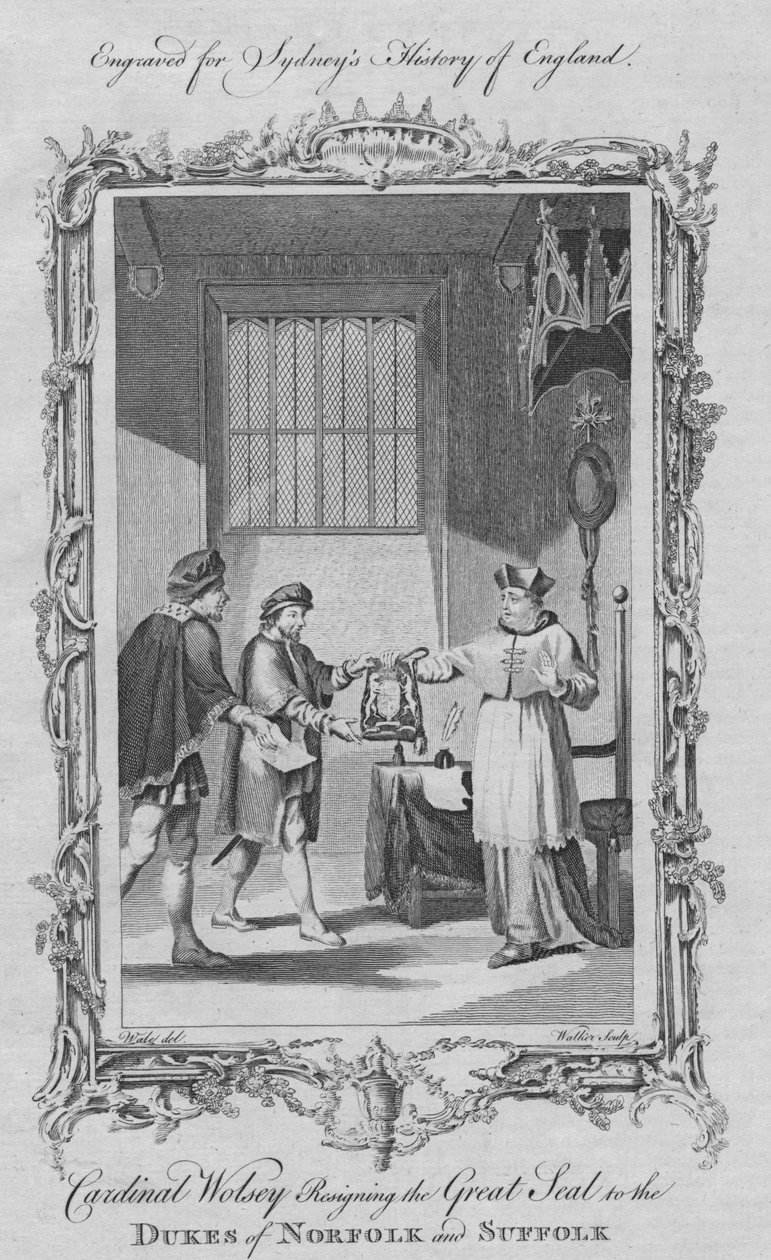 El cardenal Wolsey entregando el Gran Sello a los duques de Norfolk y Suffolk, 1773 de William Walker
