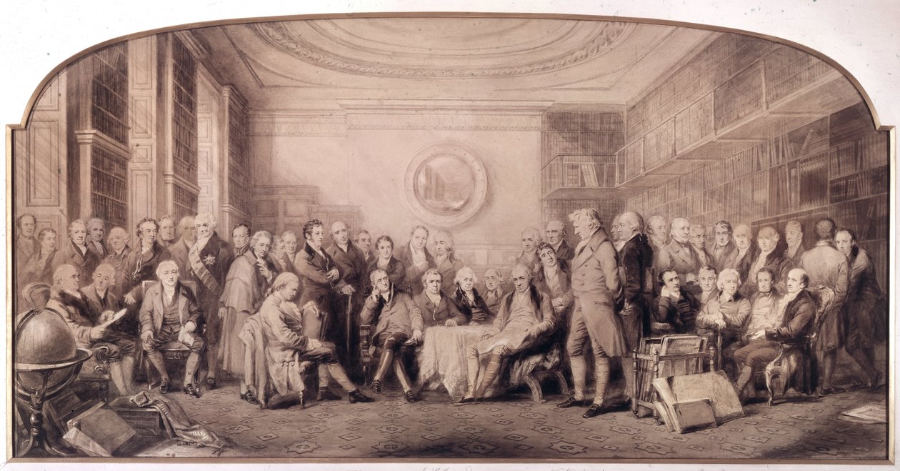Los eminentes hombres de ciencia en 1807-1808. Reunión en la biblioteca del Real Instituto de Ciencias, Inglaterra. Grabado de William Walker y Sir John Gilbert (1817 - 1897) - Eminentes Hombres de Ciencia Vivientes en 1807 de William Walker