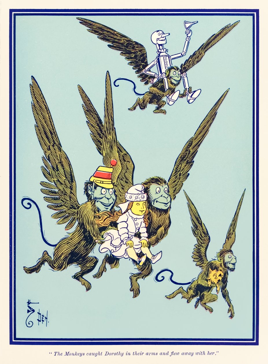 “Los monos atraparon a Dorothy en sus brazos y se la llevaron volando.” de “El maravilloso mago de Oz” por L. Frank Baum de William Wallace Denslow