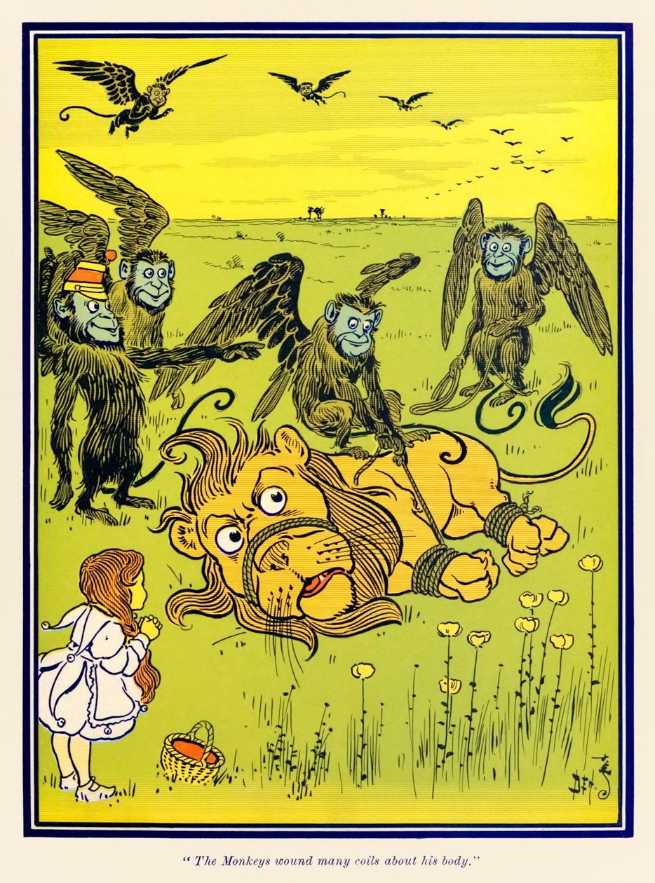 "Los monos enrollaron muchas vueltas alrededor de su cuerpo." de "El maravilloso mago de Oz" por L. Frank Baum de William Wallace Denslow