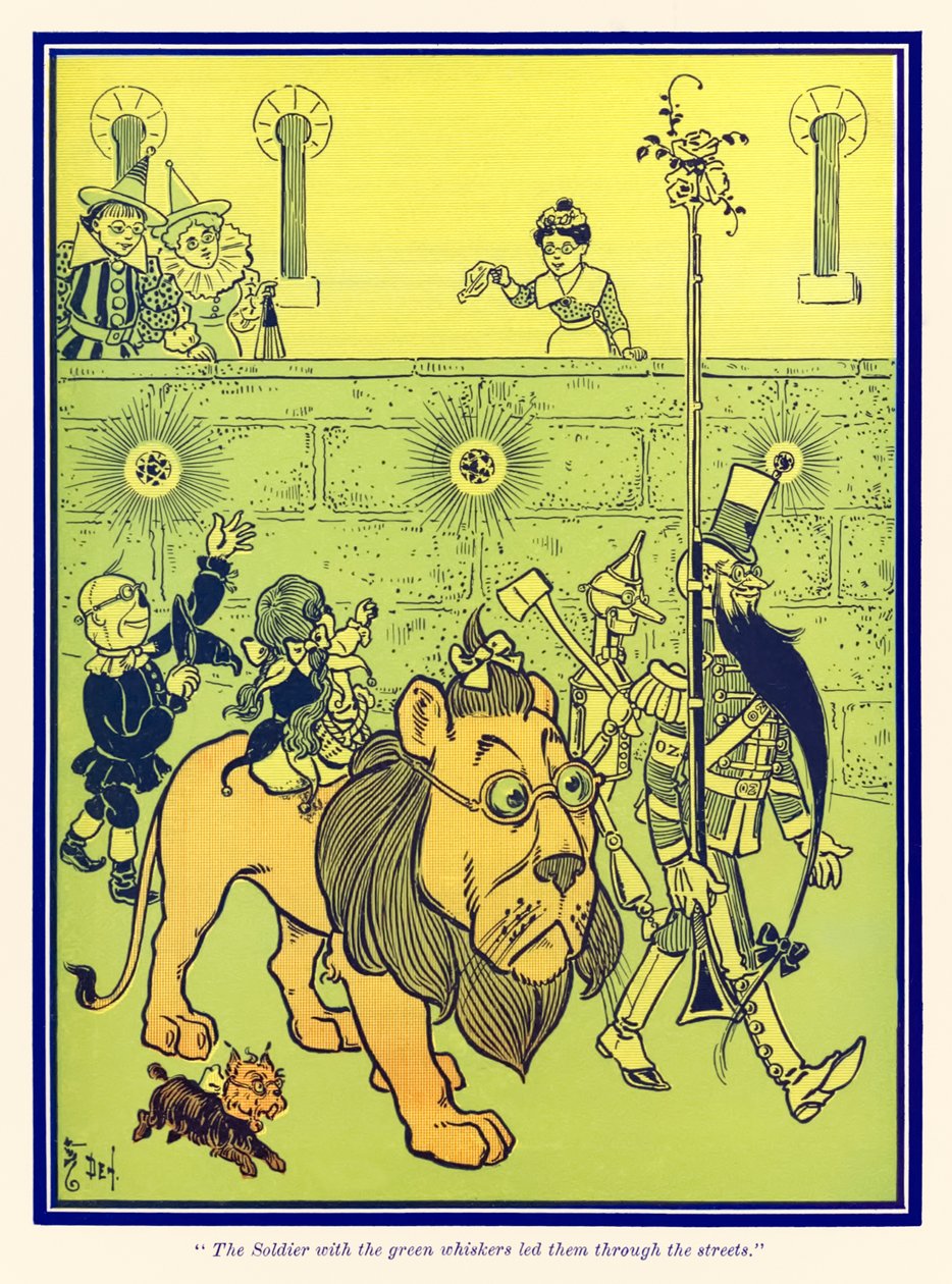 El soldado de los bigotes verdes los guió por las calles. de El maravilloso Mago de Oz de L. Frank Baum de William Wallace Denslow