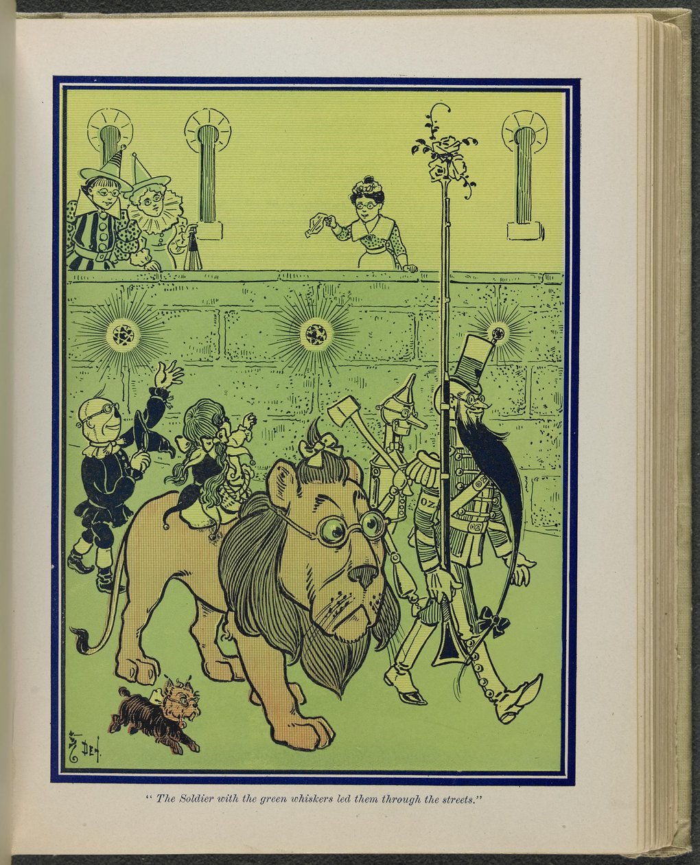 "El soldado de los bigotes verdes les guió por las calles", ilustración de "El maravilloso Mago de Oz", de Lyman Frank Baum. de William Wallace Denslow