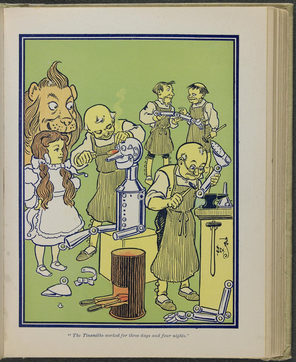 "El hojalatero trabajó durante tres días y cuatro noches", ilustración de "El maravilloso Mago de Oz" de Lyman Frank Baum de William Wallace Denslow