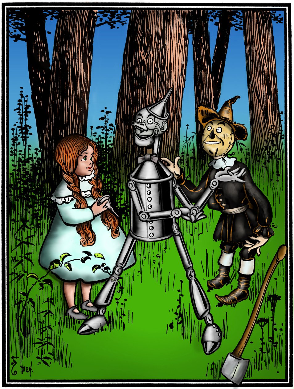 El mago de Oz: dibujo por Denslow, William Wallace (1856-1919) para la primera edición en 1900 del libro de Frank Baum (1856-1919) - Dorothee (Dorothy) asistida por el espantapájaros, ayudó al hombre de hojalata de William Wallace Denslow