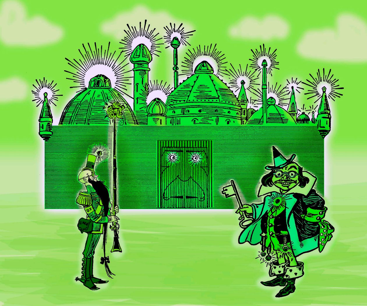 El Maravilloso Mago de Oz - El Mago de Oz: Edición de tres imágenes por Denslow, William Wallace para la primera edición de 1900 del libro de Frank Baum - La Ciudad Esmeralda y sus dos Guardianes - color verde, verde - La Ciudad Esmeralda de William Wallace Denslow