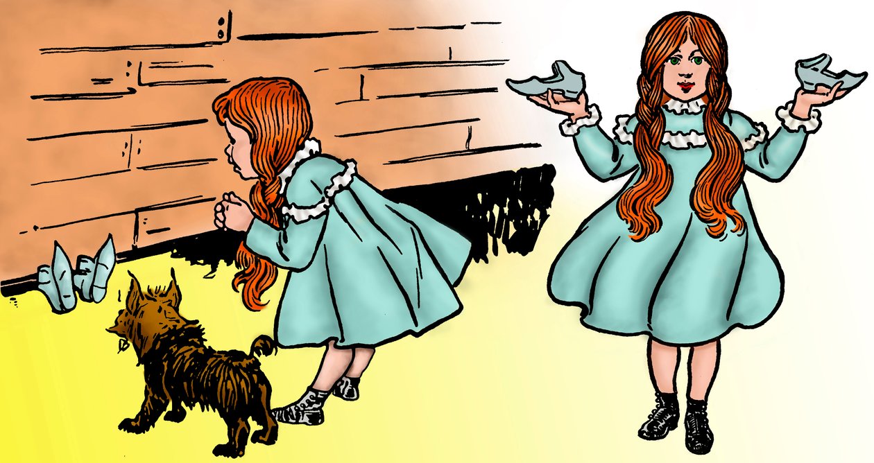 El maravilloso mago de Oz - El mago de Oz: Edición de dos imágenes por Denslow, William Wallace (1856-1915) hechas para la primera edición de 1900 del libro de Frank Baum (1856-1919) - Dorothee (Dorothy), acompañada por su perro Toto, recupera los zapatos  de William Wallace Denslow