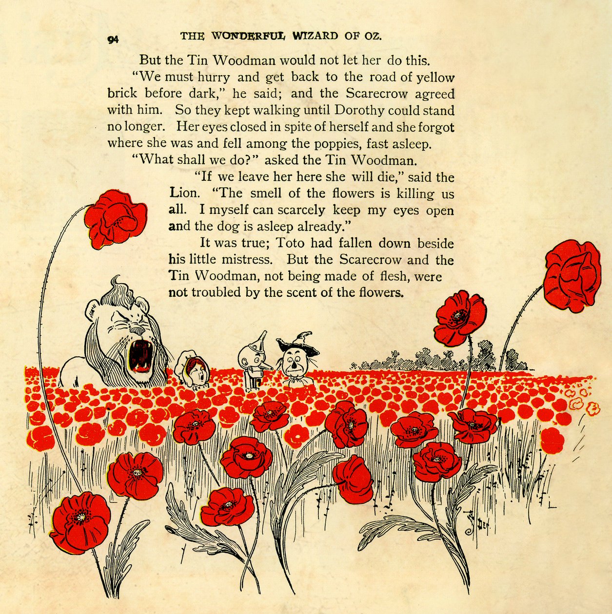 El maravilloso mago de Oz - capítulo VIII: el campo mortal de amapolas - El mago de Oz: capítulo 8 - una página ilustrada por Denslow, William Wallace (1856-1915) de la primera edición de 1900 del libro de Frank Baum (1856-1919) - Dorothee (Dorothy) y el t de William Wallace Denslow