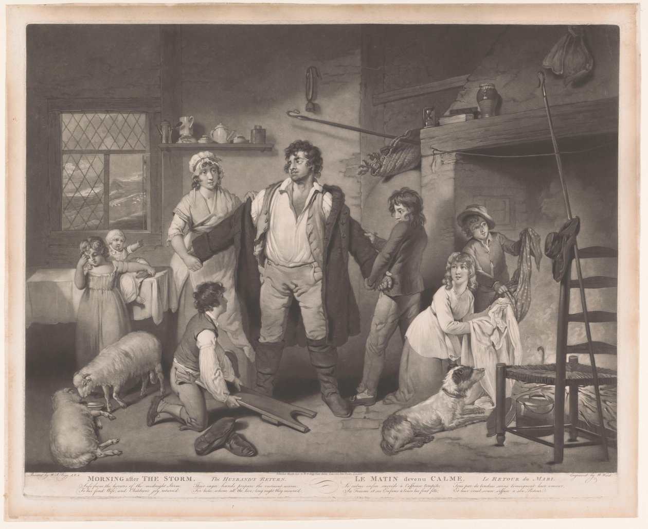 Familia da la bienvenida al padre a casa después de la tormenta La mañana después de la tormenta, el regreso del marido / Le Matin devenue Calme, le retour du mari (título sobre el objeto) de William Ward