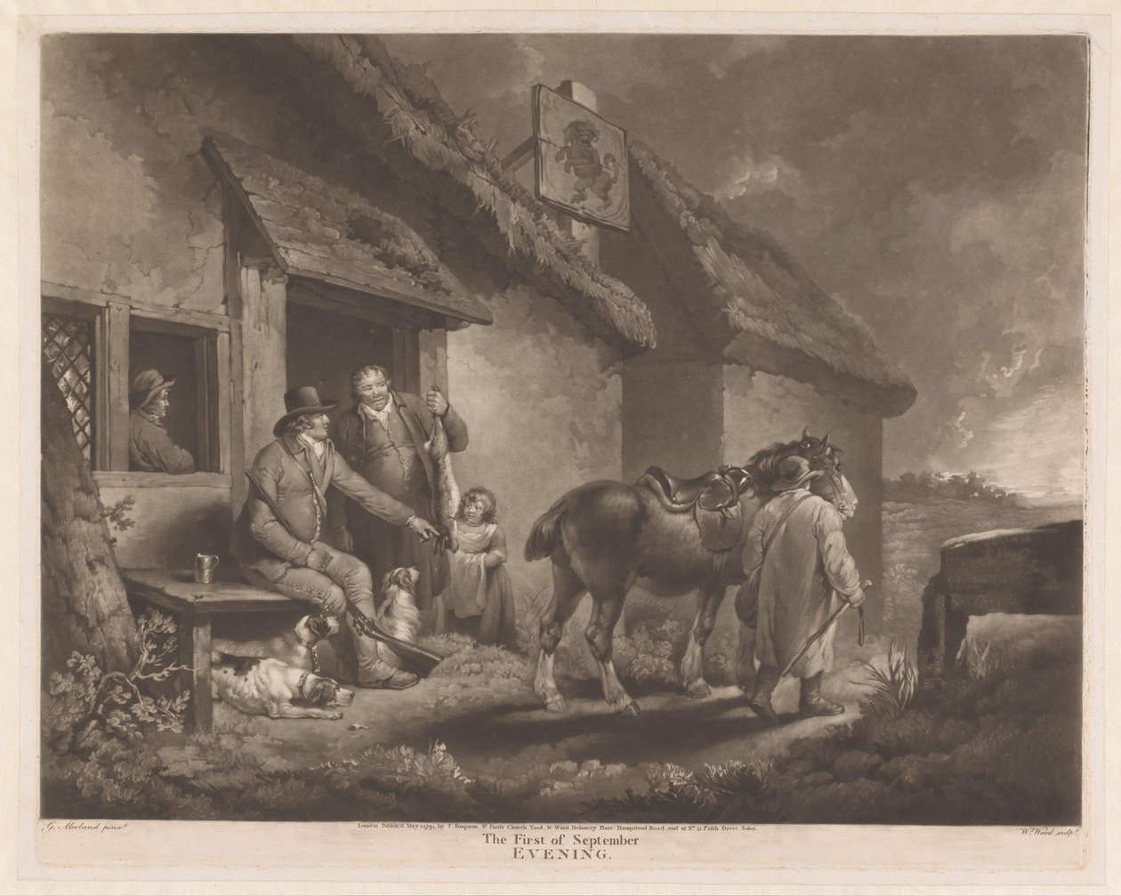 Cazadores y perros de caza con su botín en una posada El Primero de Septiembre, Tarde (título sobre el objeto) de William Ward