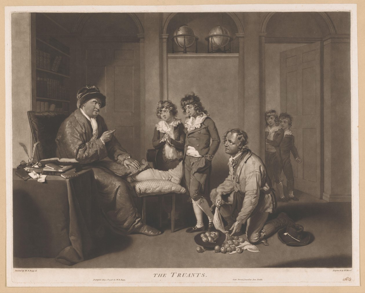 El hombre regaña a los niños y a un hombre arrodillado con peras. The Truants (título sobre el objeto) de William Ward