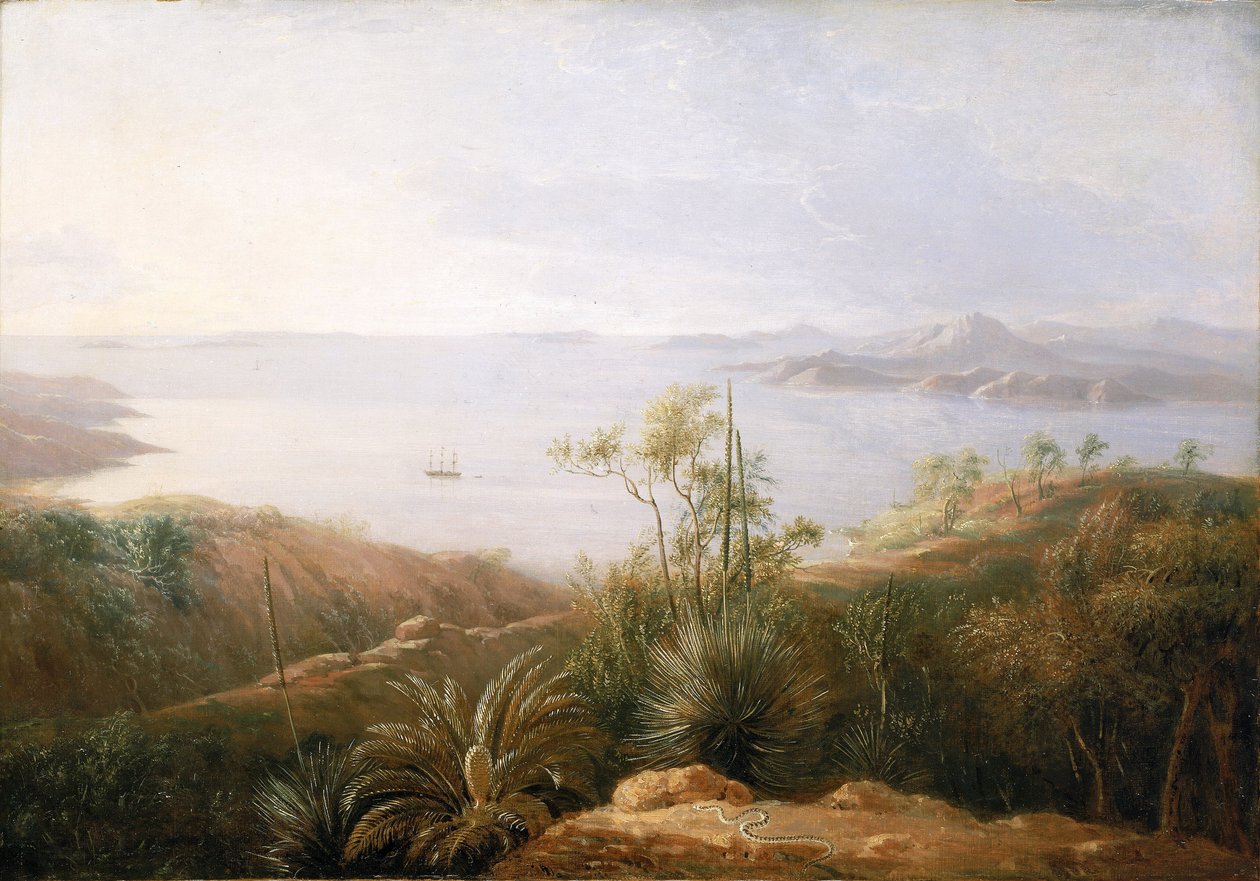 Una bahía en la costa sur de Nueva Holanda (Australia), enero de 1802, durante la expedición de Matthew Flinders (1774-1814) en el Investigator entre 1801 y 1803, para cartografiar las tierras del sur, el pintor formaba parte de la expedición de William Westall