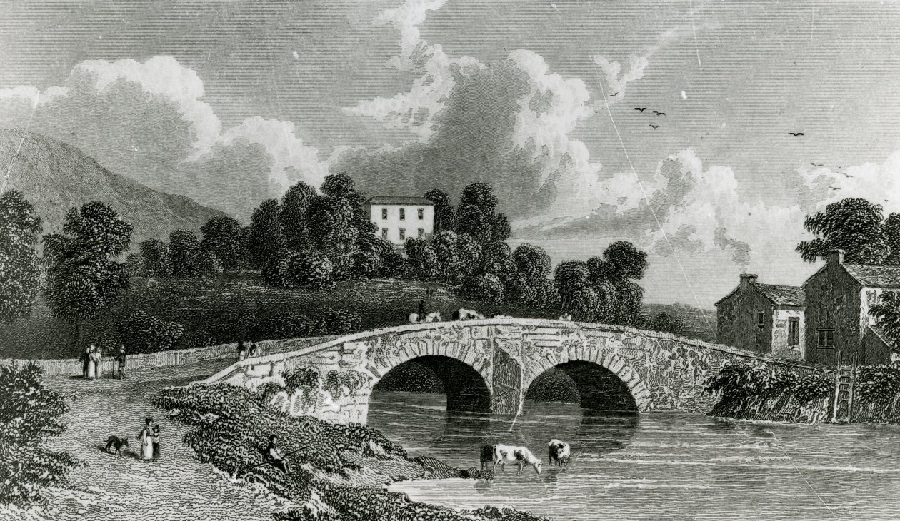Greta Hall y el puente de Keswick, grabado por E. Francis, 1842 de William Westall
