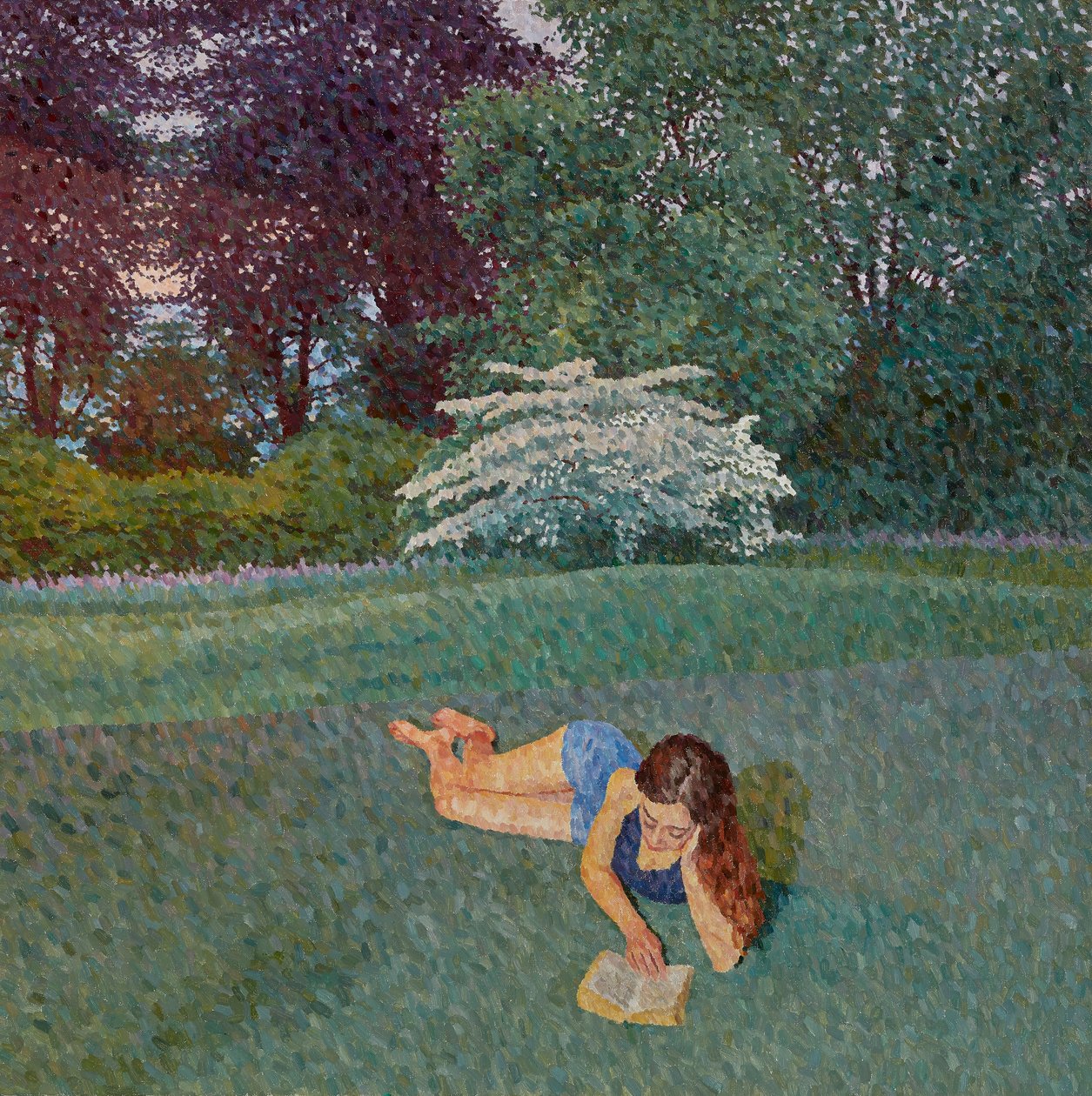 Chica leyendo con un paisaje, 2019 (óleo sobre lienzo) de William Wilkins
