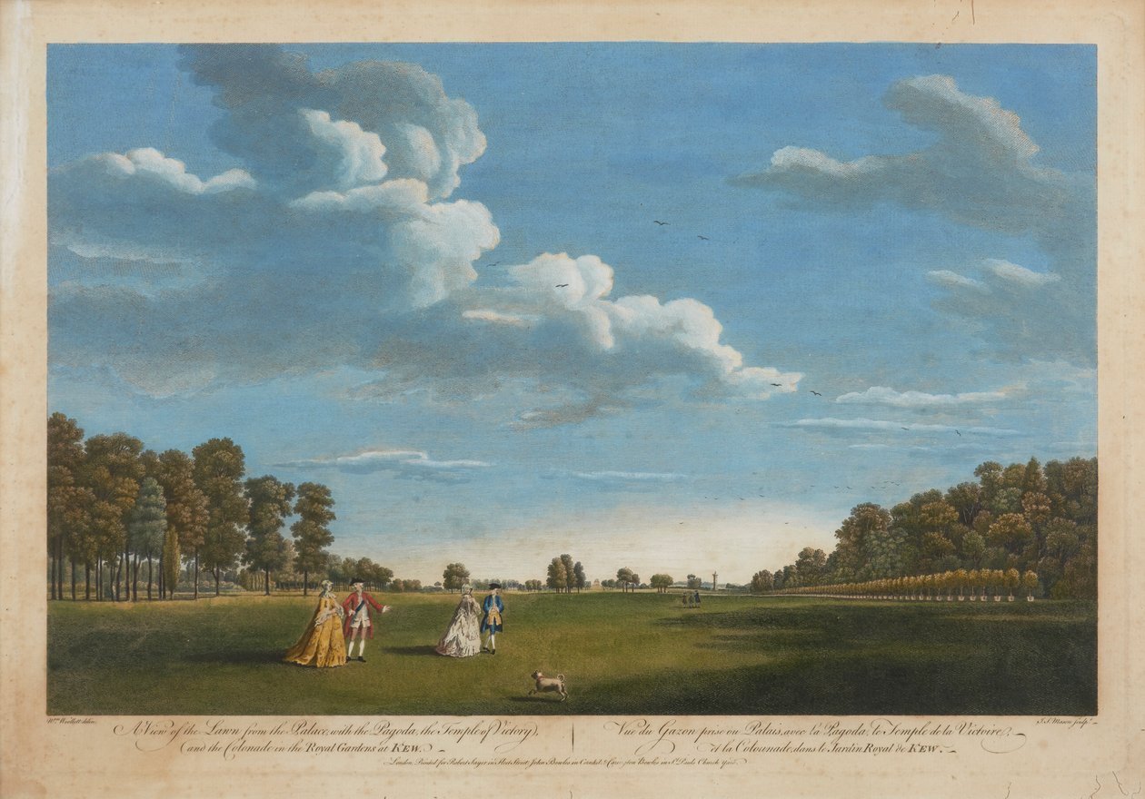 Una vista del césped del palacio con la pagoda... de William Woollett